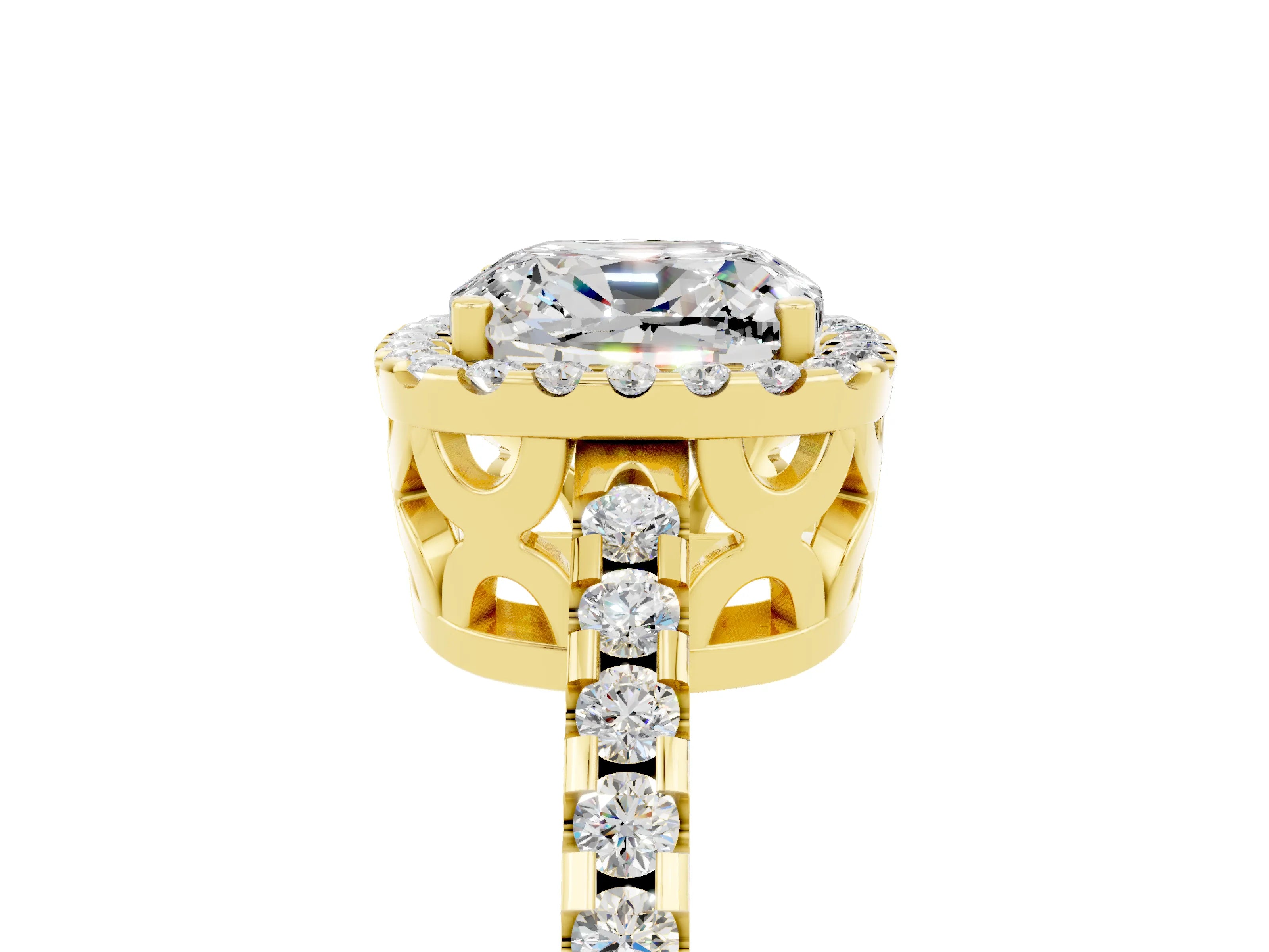 Yellow gold Cushion Cut Moissanite Halo Engagement Ring with Pavé Band and Prong Setting_17