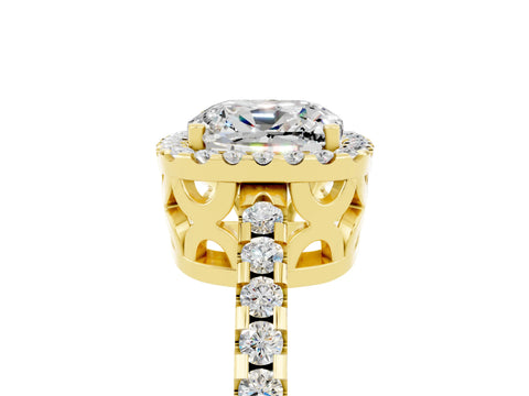 Yellow gold Cushion Cut Moissanite Halo Engagement Ring with Pavé Band and Prong Setting_17
