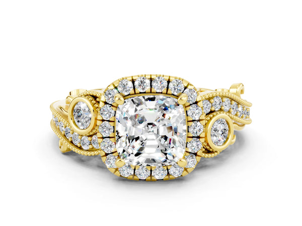 Yellow gold Cushion Cut Moissanite Halo Ring with Milgrain Pavé Band and Four-Prong Setting