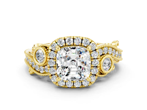 Yellow gold Cushion Cut Moissanite Halo Ring with Milgrain Pavé Band and Four-Prong Setting_12