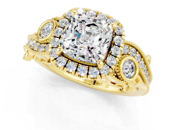 Yellow gold Cushion Cut Moissanite Halo Ring with Milgrain Pavé Band and Four-Prong Setting
