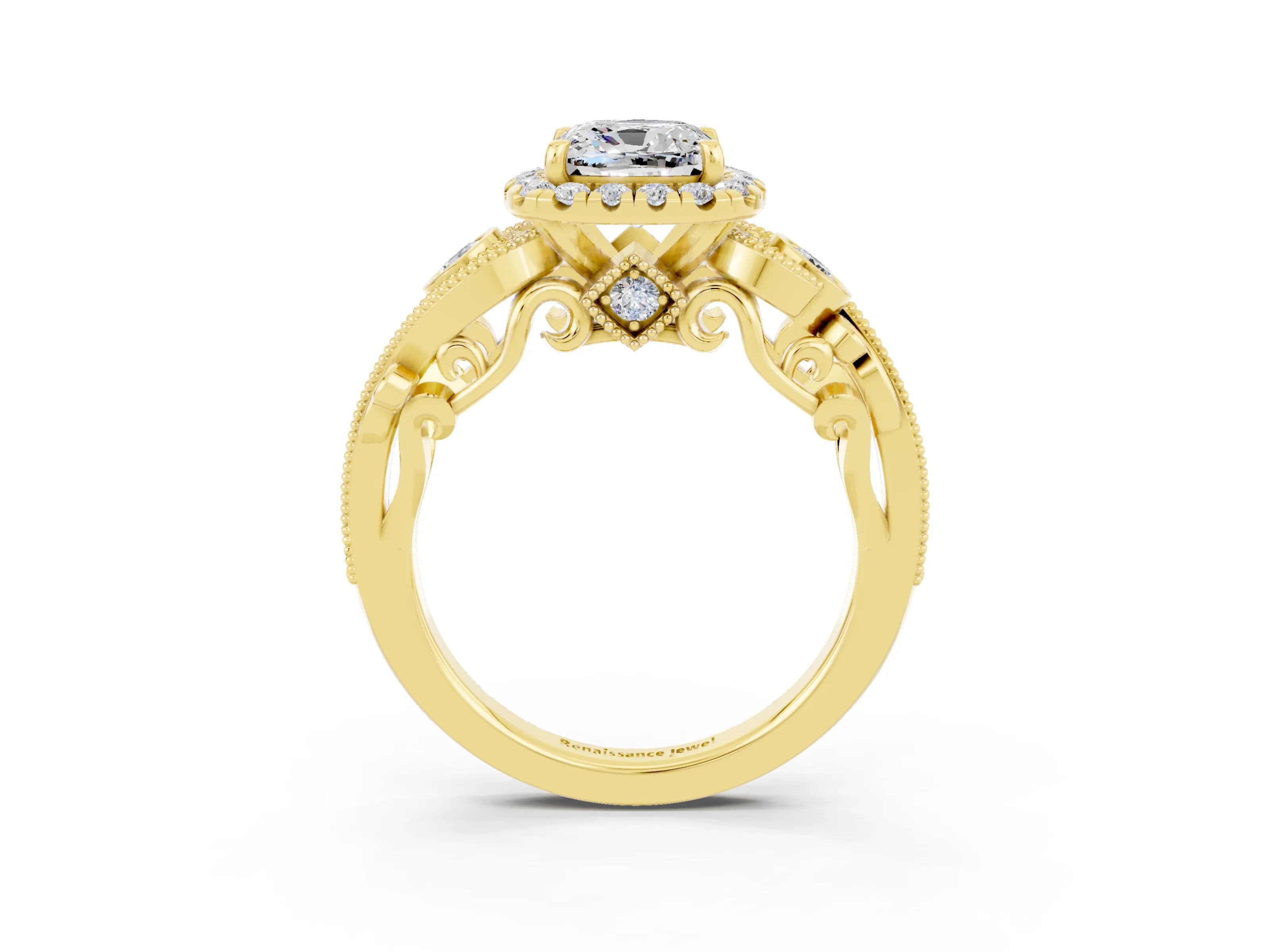 Yellow gold Cushion Cut Moissanite Halo Ring with Milgrain Pavé Band and Four-Prong Setting_15