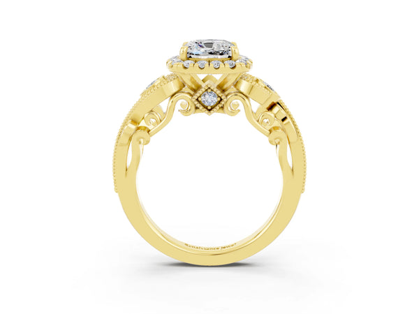 Yellow gold Cushion Cut Moissanite Halo Ring with Milgrain Pavé Band and Four-Prong Setting