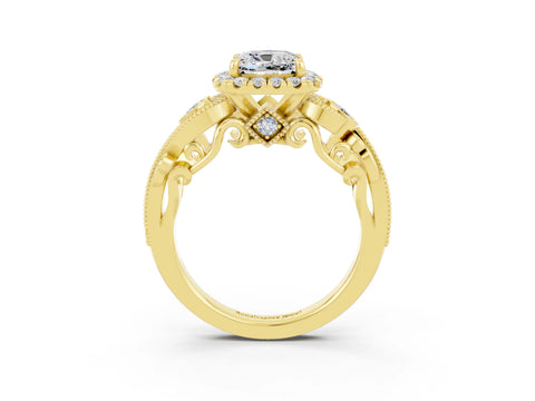 Yellow gold Cushion Cut Moissanite Halo Ring with Milgrain Pavé Band and Four-Prong Setting_15