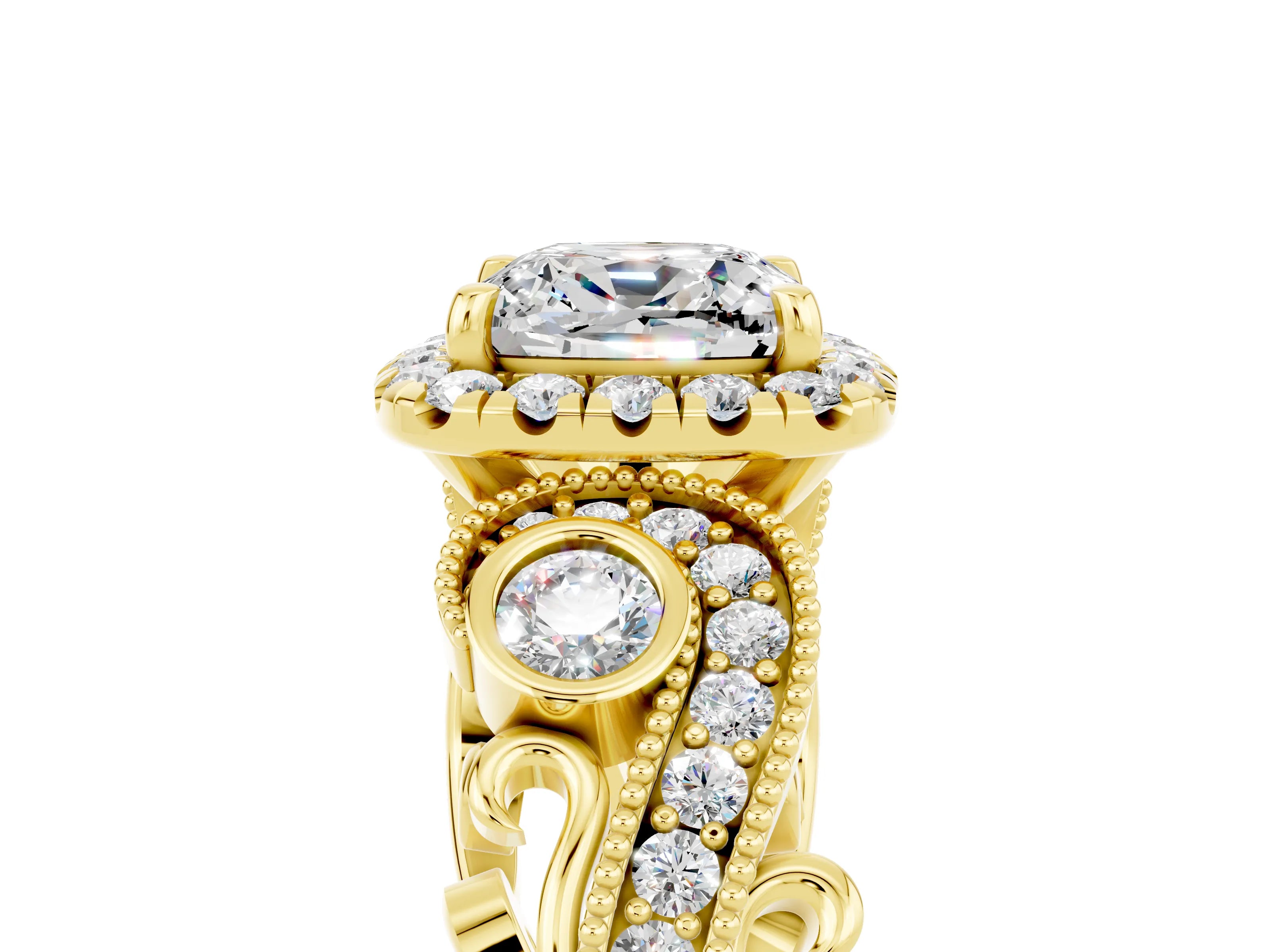 Yellow gold Cushion Cut Moissanite Halo Ring with Milgrain Pavé Band and Four-Prong Setting_17