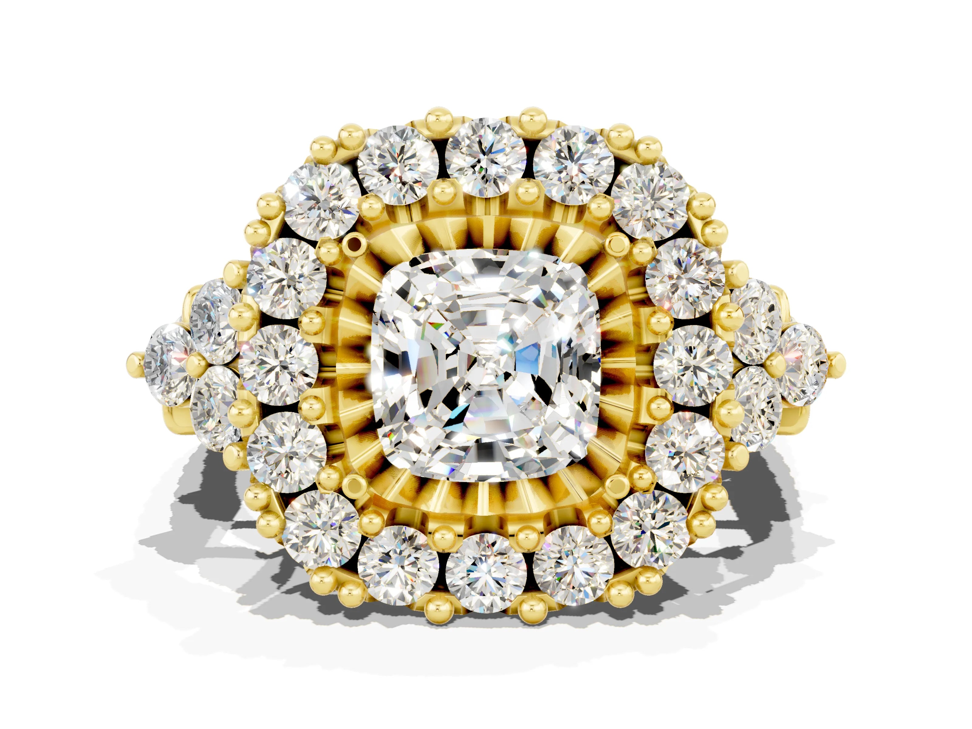 Yellow gold Cushion Cut Moissanite Halo Ring with Pavé Band and Four-Prong Setting_12