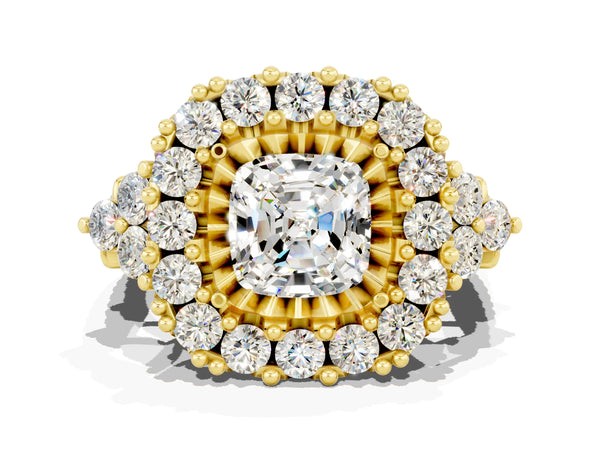 Yellow gold Cushion Cut Moissanite Halo Ring with Pavé Band and Four-Prong Setting