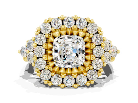 Yellow gold Cushion Cut Moissanite Halo Ring with Pavé Band and Four-Prong Setting_12