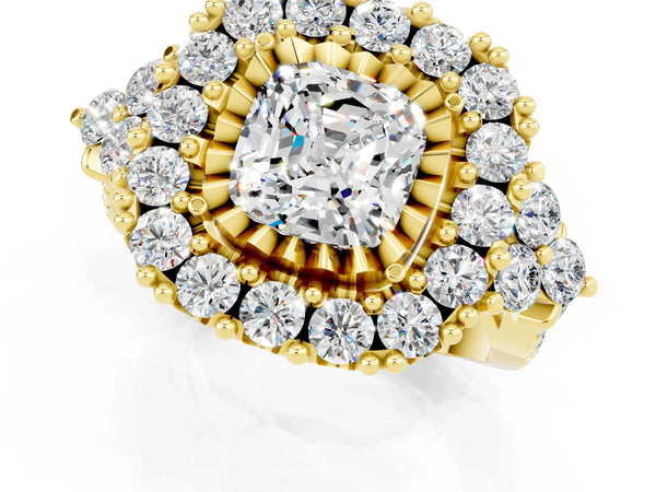 Yellow gold Cushion Cut Moissanite Halo Ring with Pavé Band and Four-Prong Setting