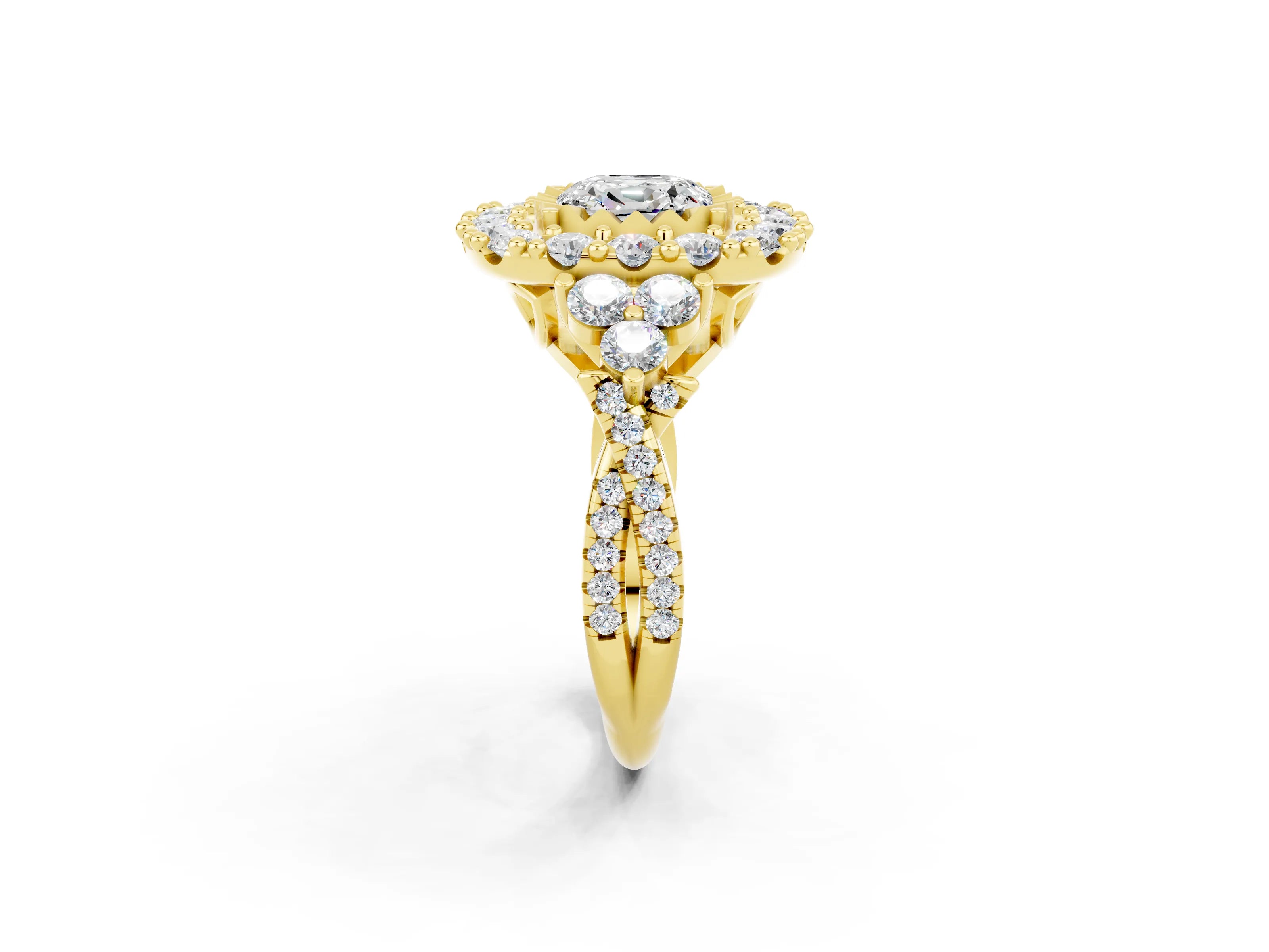 Yellow gold Cushion Cut Moissanite Halo Ring with Pavé Band and Four-Prong Setting_14