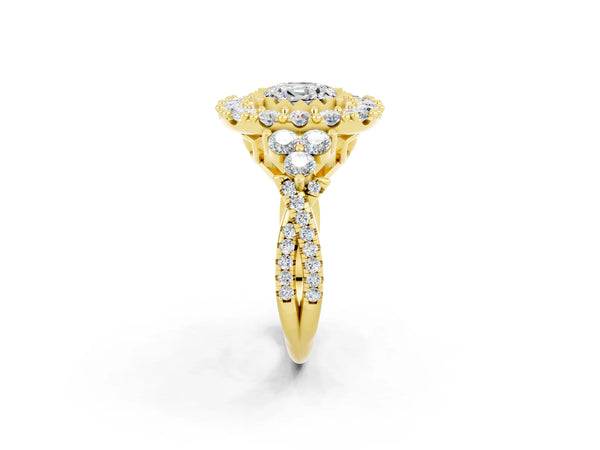 Yellow gold Cushion Cut Moissanite Halo Ring with Pavé Band and Four-Prong Setting