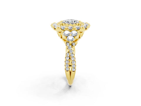 Yellow gold Cushion Cut Moissanite Halo Ring with Pavé Band and Four-Prong Setting_14
