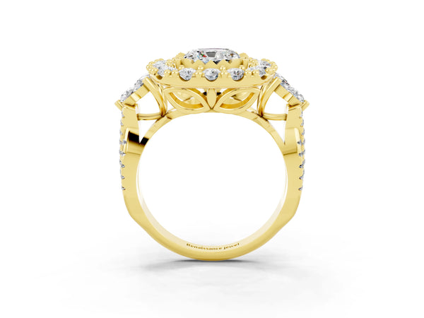 Yellow gold Cushion Cut Moissanite Halo Ring with Pavé Band and Four-Prong Setting