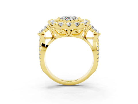 Yellow gold Cushion Cut Moissanite Halo Ring with Pavé Band and Four-Prong Setting_15