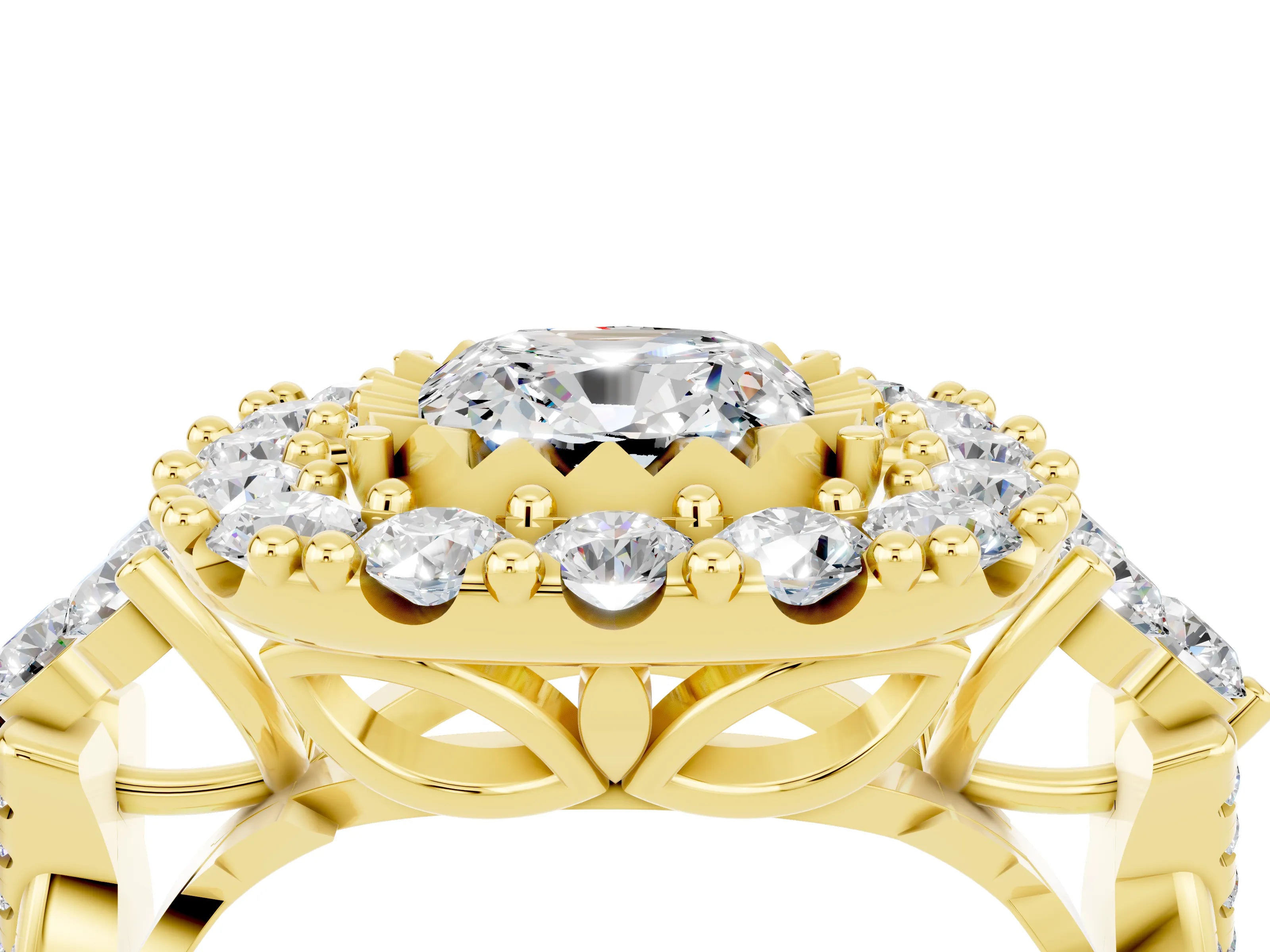 Yellow gold Cushion Cut Moissanite Halo Ring with Pavé Band and Four-Prong Setting_16