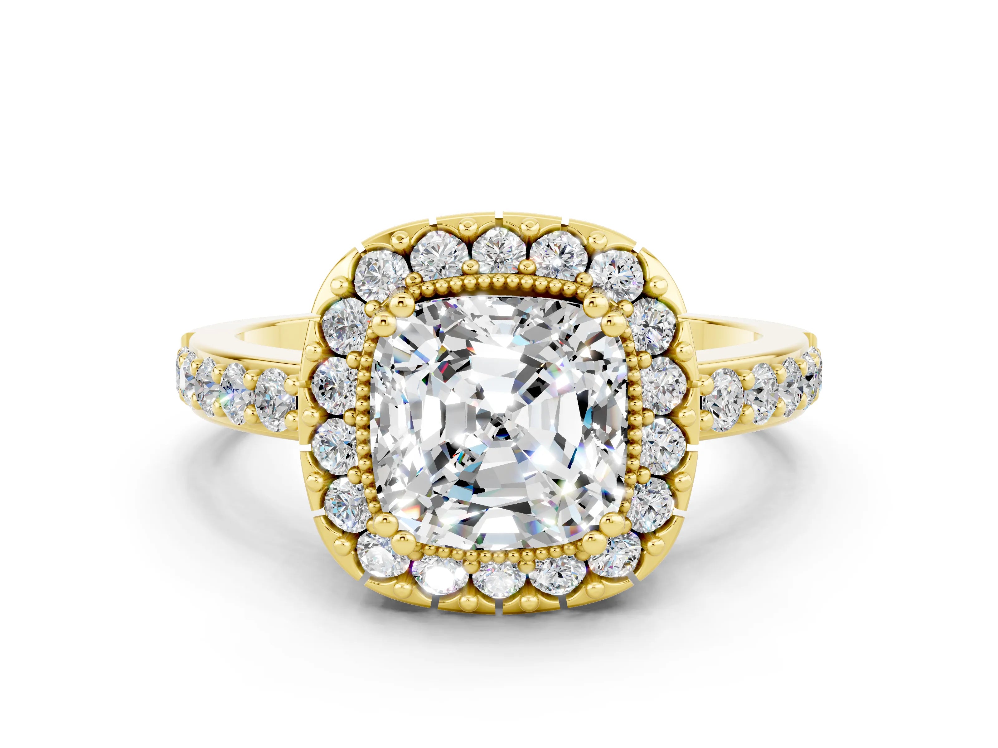 Yellow gold Cushion Cut Moissanite Halo Ring with Pavé Band and Prong Setting