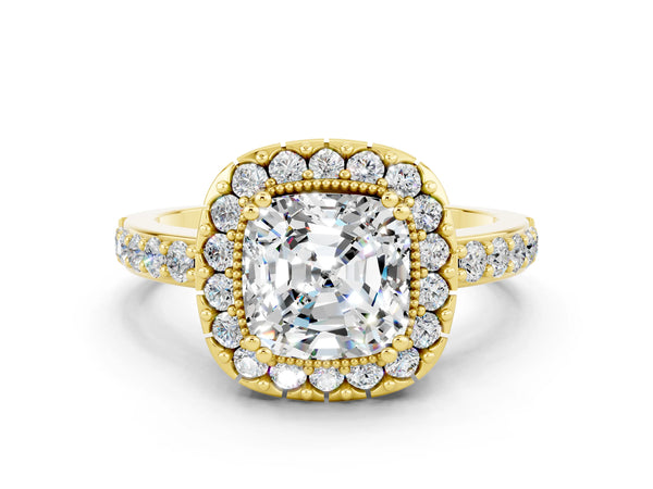 Yellow gold Cushion Cut Moissanite Halo Ring with Pavé Band and Prong Setting