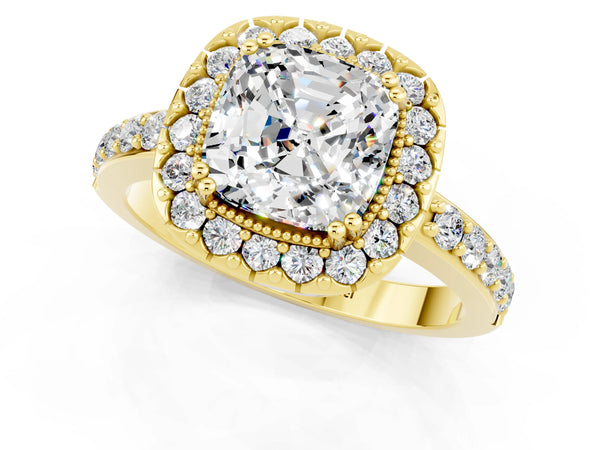 Yellow gold Cushion Cut Moissanite Halo Ring with Pavé Band and Prong Setting