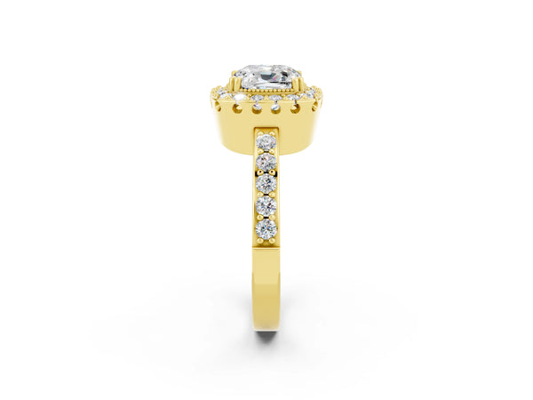 Yellow gold Cushion Cut Moissanite Halo Ring with Pavé Band and Prong Setting