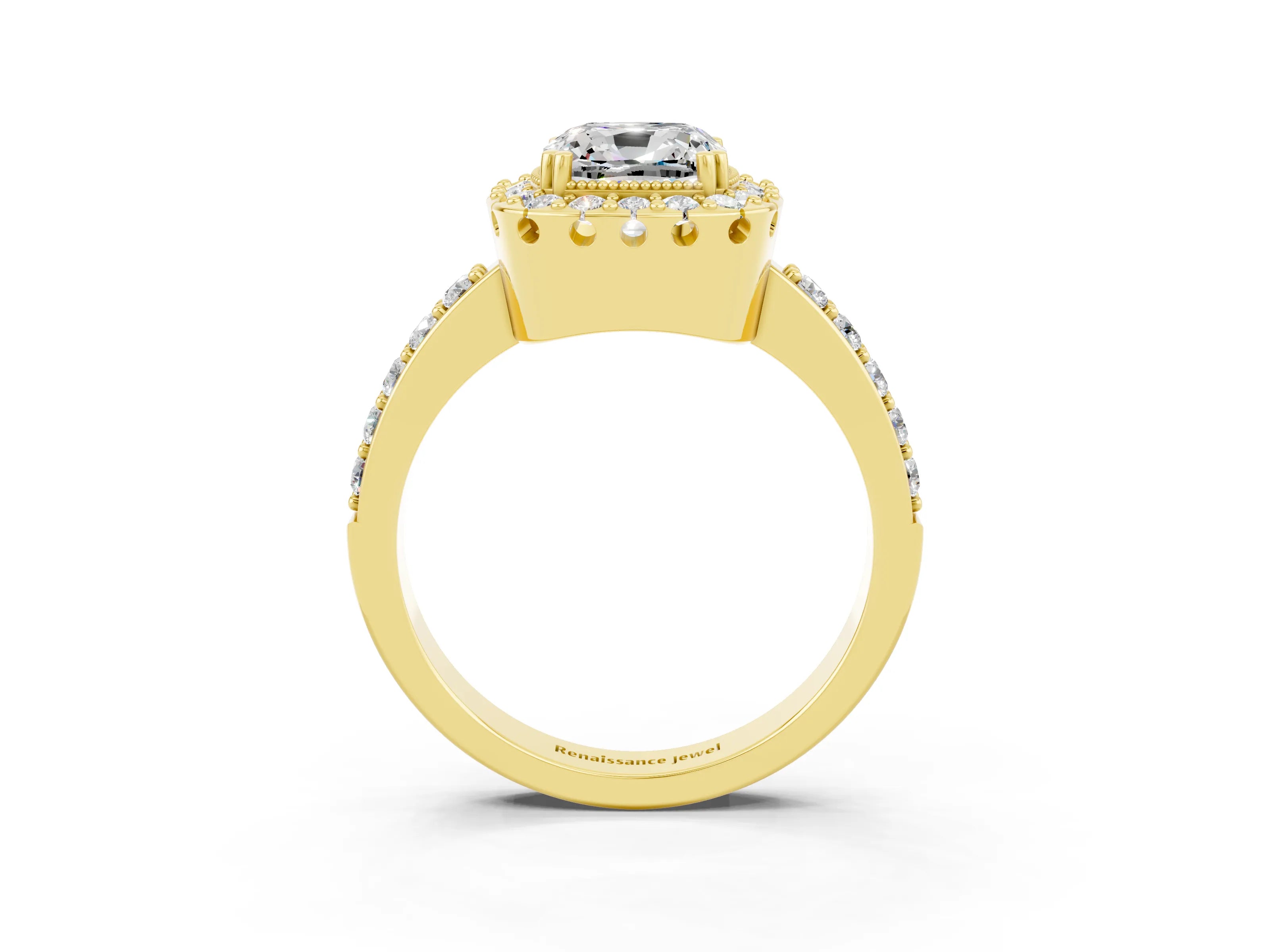 Yellow gold Cushion Cut Moissanite Halo Ring with Pavé Band and Prong Setting_3