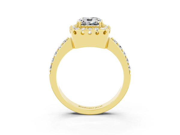 Yellow gold Cushion Cut Moissanite Halo Ring with Pavé Band and Prong Setting