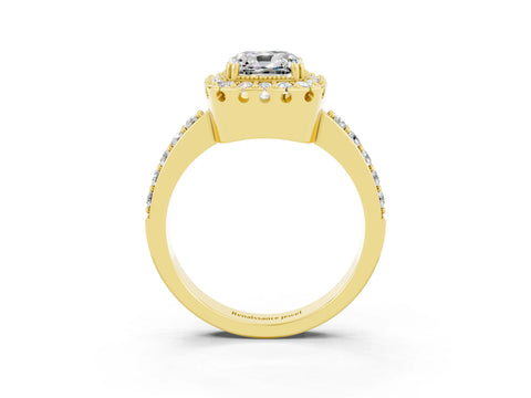 Yellow gold Cushion Cut Moissanite Halo Ring with Pavé Band and Prong Setting_3