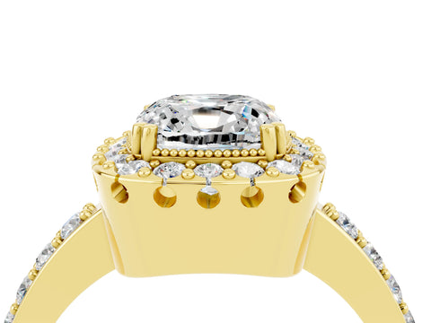 Yellow gold Cushion Cut Moissanite Halo Ring with Pavé Band and Prong Setting_4