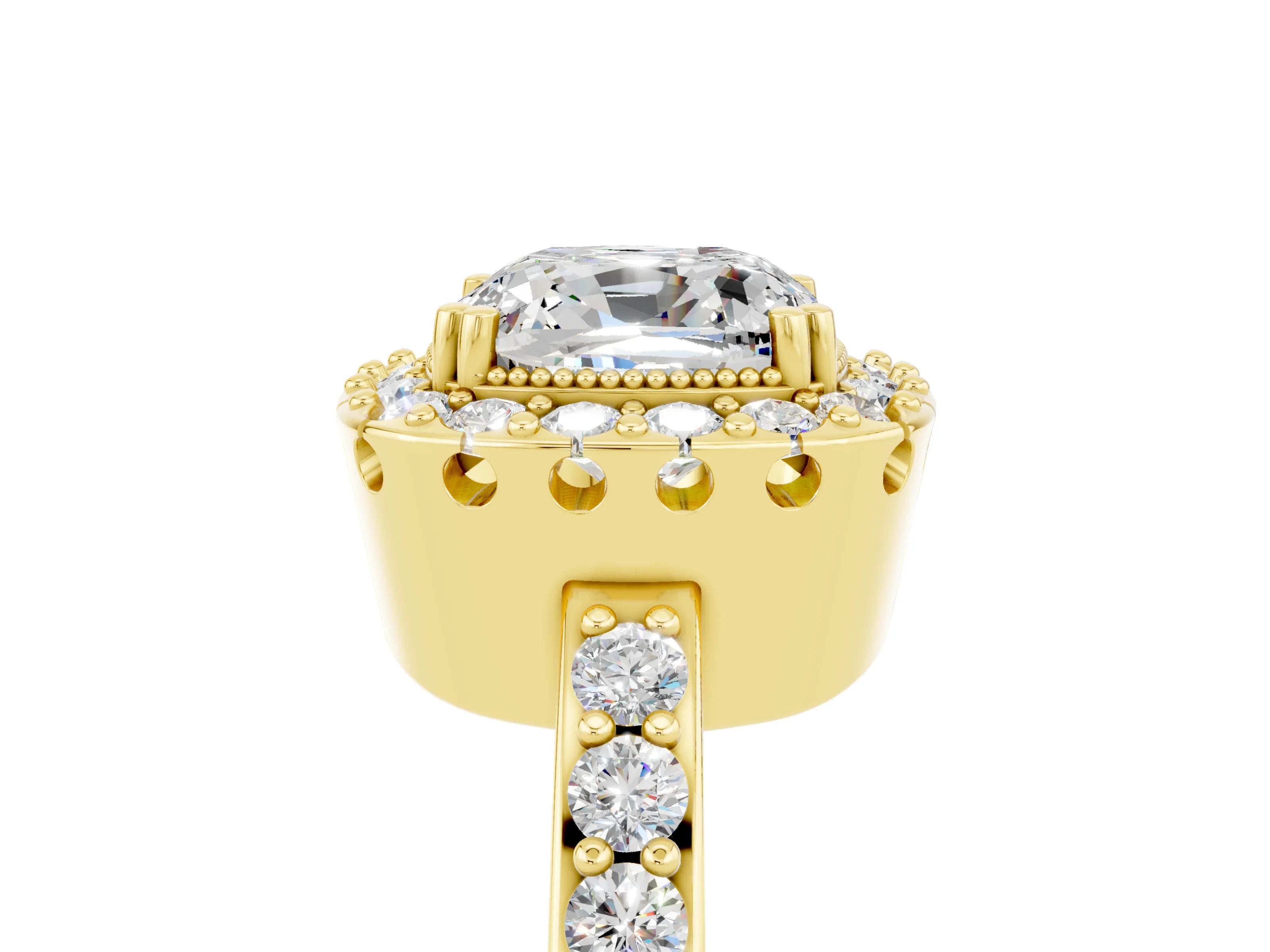 Yellow gold Cushion Cut Moissanite Halo Ring with Pavé Band and Prong Setting_5