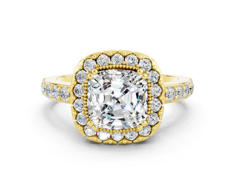 Yellow gold Cushion Cut Moissanite Halo Ring with Pavé Band and Prong Setting