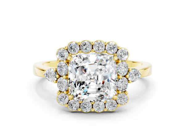 Yellow gold Cushion Cut Moissanite Halo Ring with Pear Side Stones and Prong Setting