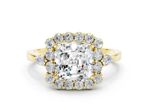 Yellow gold Cushion Cut Moissanite Halo Ring with Pear Side Stones and Prong Setting_12