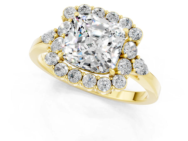 Yellow gold Cushion Cut Moissanite Halo Ring with Pear Side Stones and Prong Setting