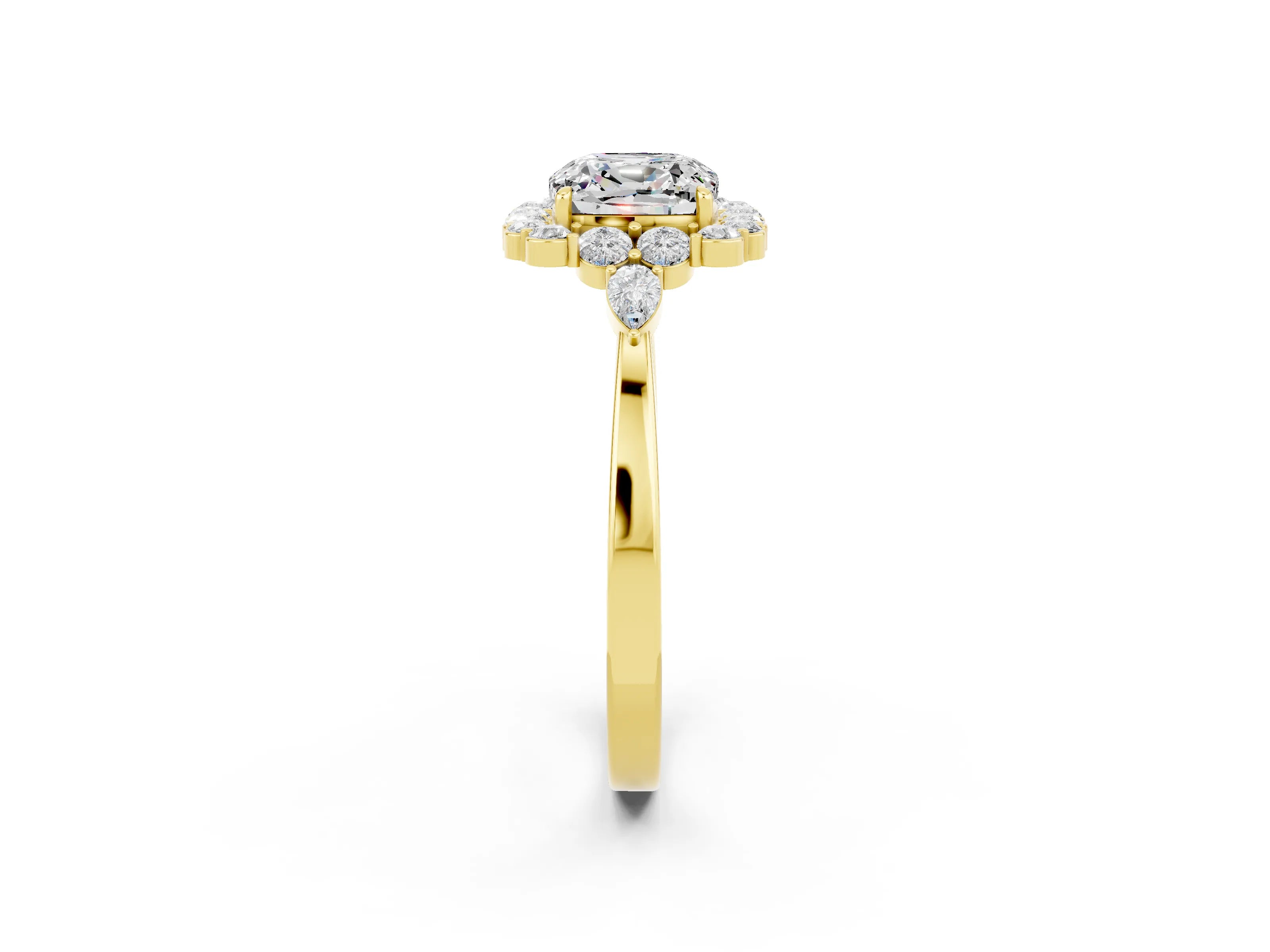 Yellow gold Cushion Cut Moissanite Halo Ring with Pear Side Stones and Prong Setting_14