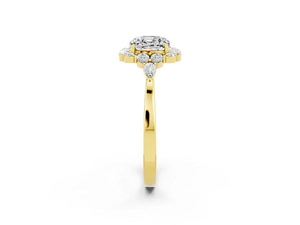 Yellow gold Cushion Cut Moissanite Halo Ring with Pear Side Stones and Prong Setting