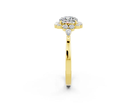 Yellow gold Cushion Cut Moissanite Halo Ring with Pear Side Stones and Prong Setting_14
