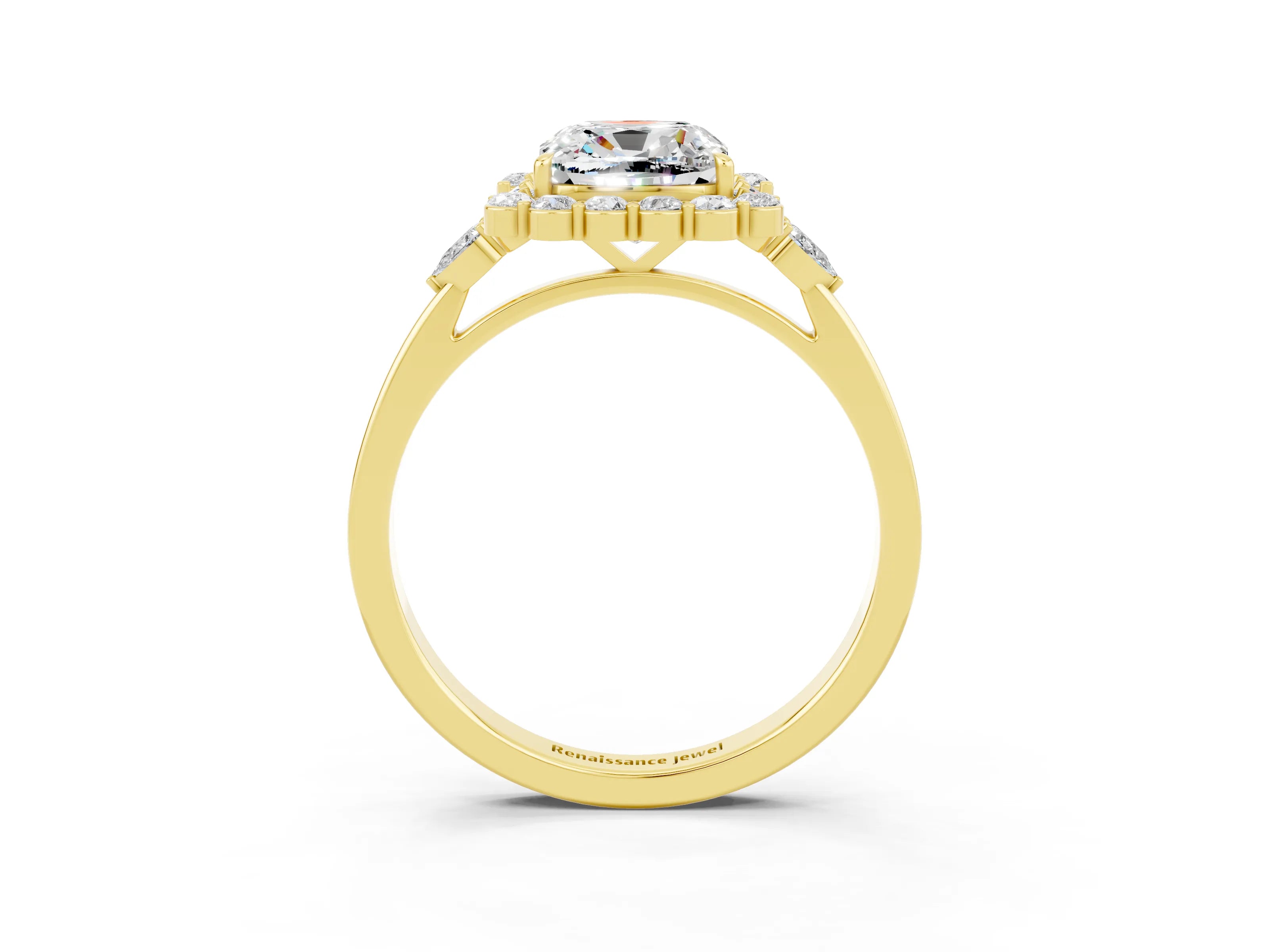 Yellow gold Cushion Cut Moissanite Halo Ring with Pear Side Stones and Prong Setting_15