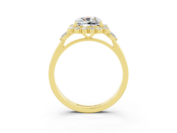 Yellow gold Cushion Cut Moissanite Halo Ring with Pear Side Stones and Prong Setting
