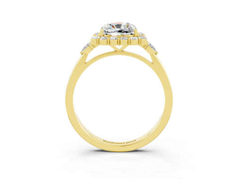 Yellow gold Cushion Cut Moissanite Halo Ring with Pear Side Stones and Prong Setting_15
