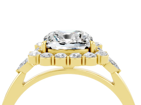 Yellow gold Cushion Cut Moissanite Halo Ring with Pear Side Stones and Prong Setting_16