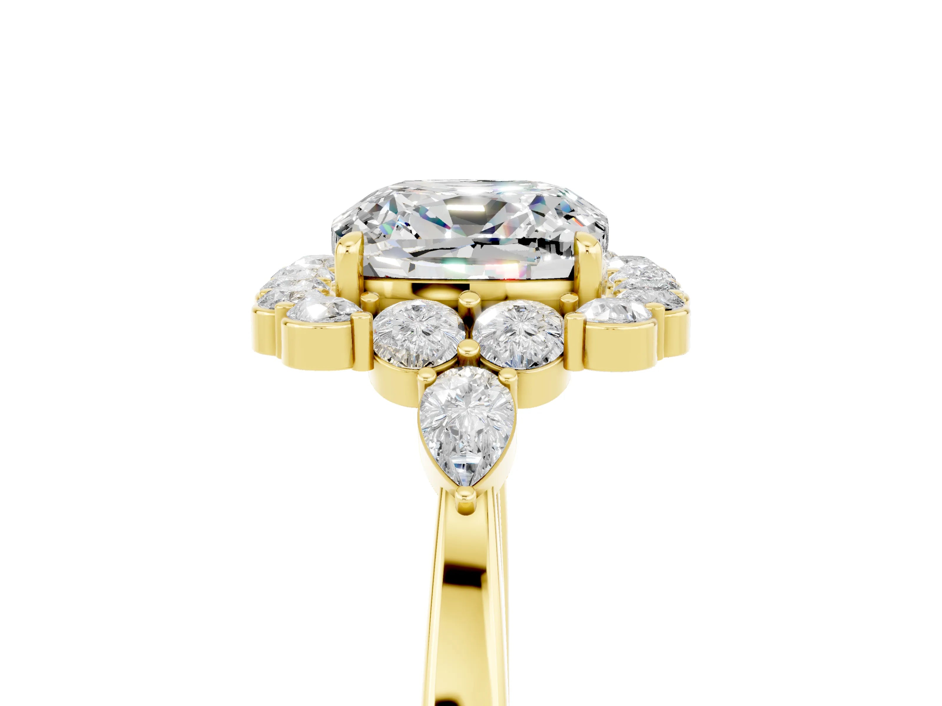 Yellow gold Cushion Cut Moissanite Halo Ring with Pear Side Stones and Prong Setting_17