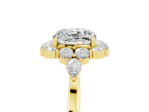 Yellow gold Cushion Cut Moissanite Halo Ring with Pear Side Stones and Prong Setting_17