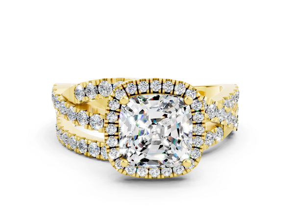 Yellow gold Cushion Cut Moissanite Halo Ring with Round Split Shank and Prong Setting