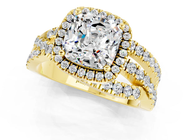 Yellow gold Cushion Cut Moissanite Halo Ring with Round Split Shank and Prong Setting