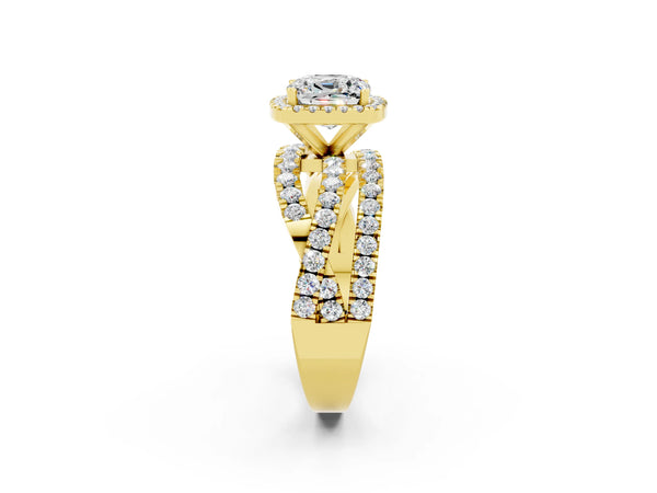 Yellow gold Cushion Cut Moissanite Halo Ring with Round Split Shank and Prong Setting