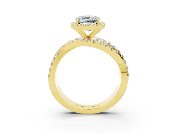 Yellow gold Cushion Cut Moissanite Halo Ring with Round Split Shank and Prong Setting