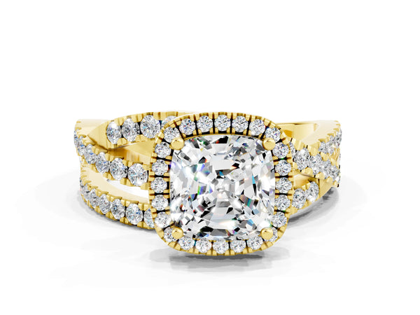 Yellow gold Cushion Cut Moissanite Halo Ring with Round Split Shank and Prong Setting