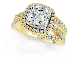 Yellow gold Cushion Cut Moissanite Halo Ring with Round Split Shank and Prong Setting_49