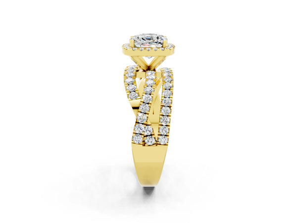 Yellow gold Cushion Cut Moissanite Halo Ring with Round Split Shank and Prong Setting