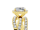 Yellow gold Cushion Cut Moissanite Halo Ring with Round Split Shank and Prong Setting_53