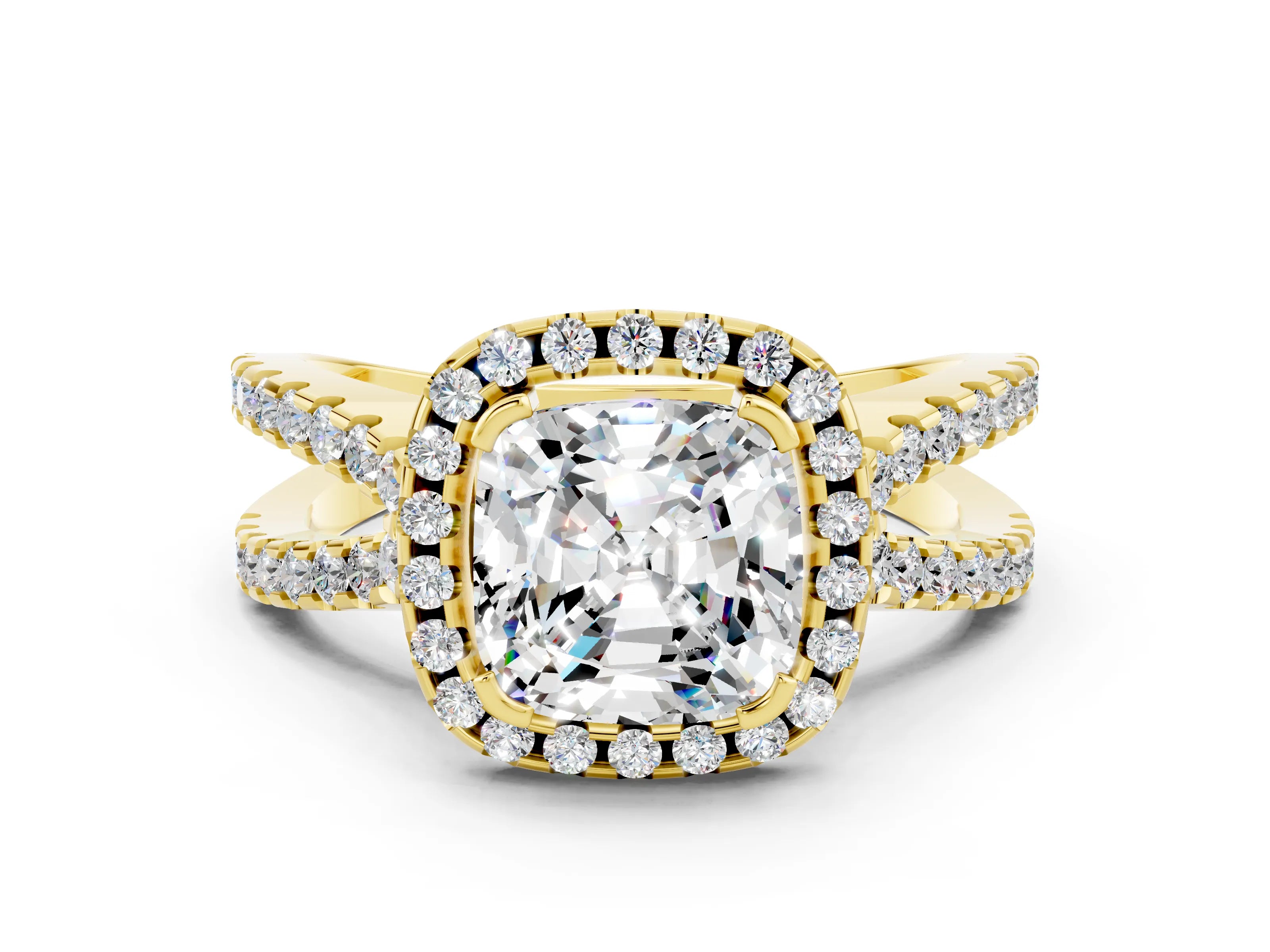 Yellow gold Cushion Cut Moissanite Halo Ring with Split Shank Pavé Band and Prong Setting